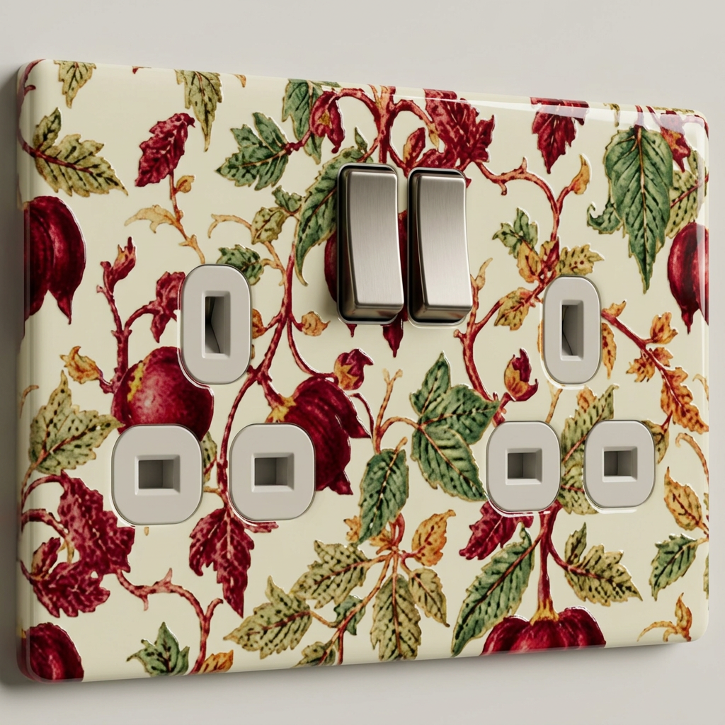 Pomegranate and leaf patterned ceramic UK double socket