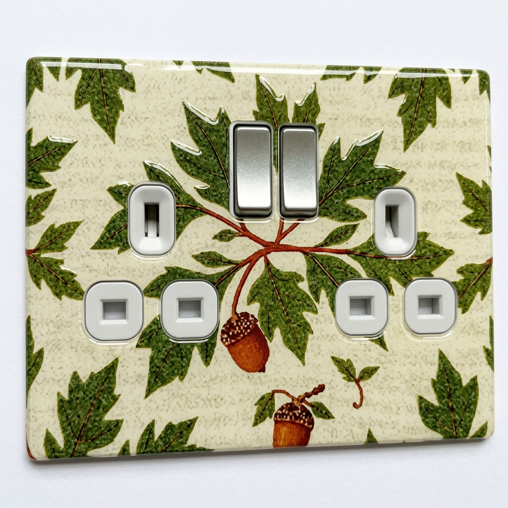 William Morris style oak leaf and acorn UK double socket plate