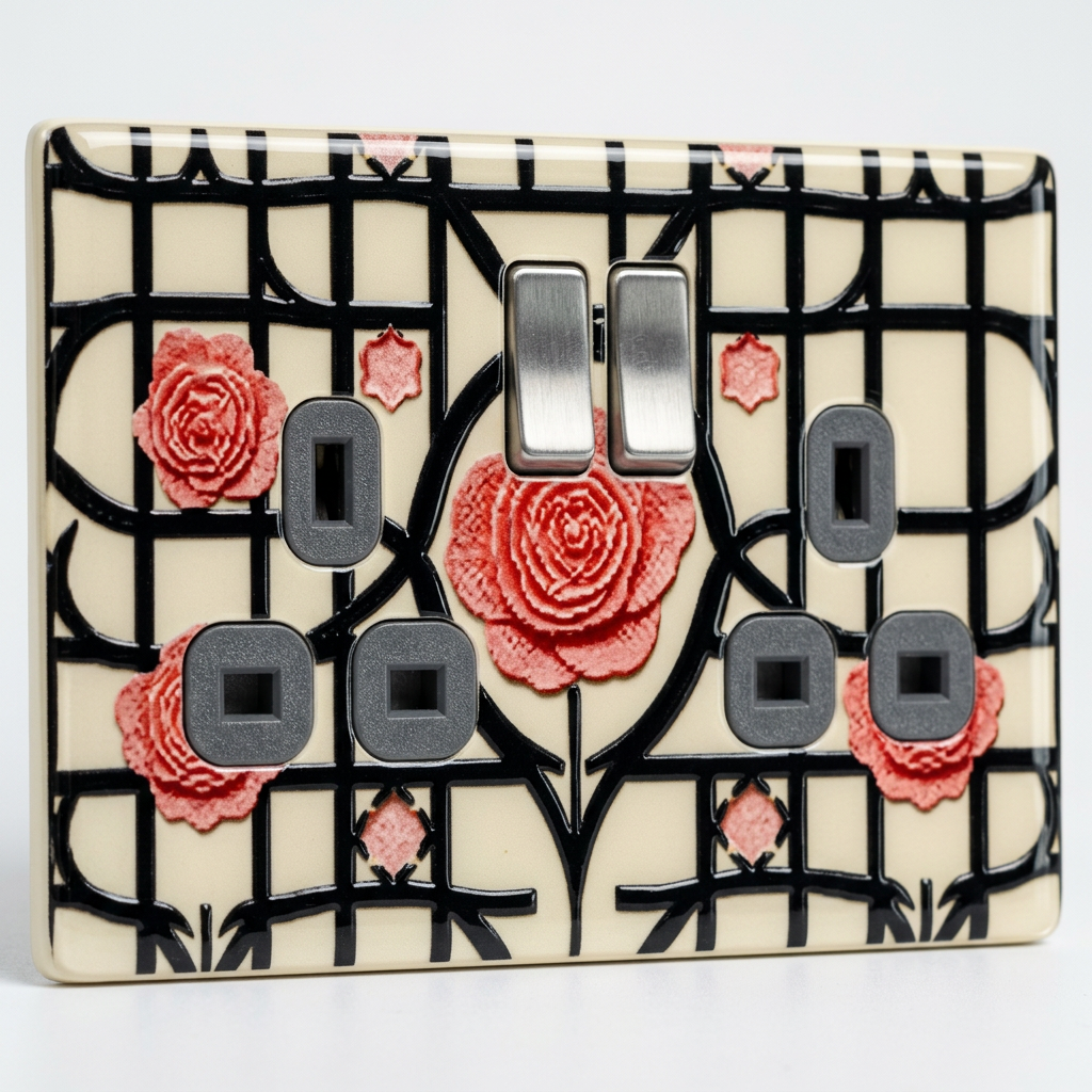 Pink roses on black trellis cream ceramic UK double socket plate