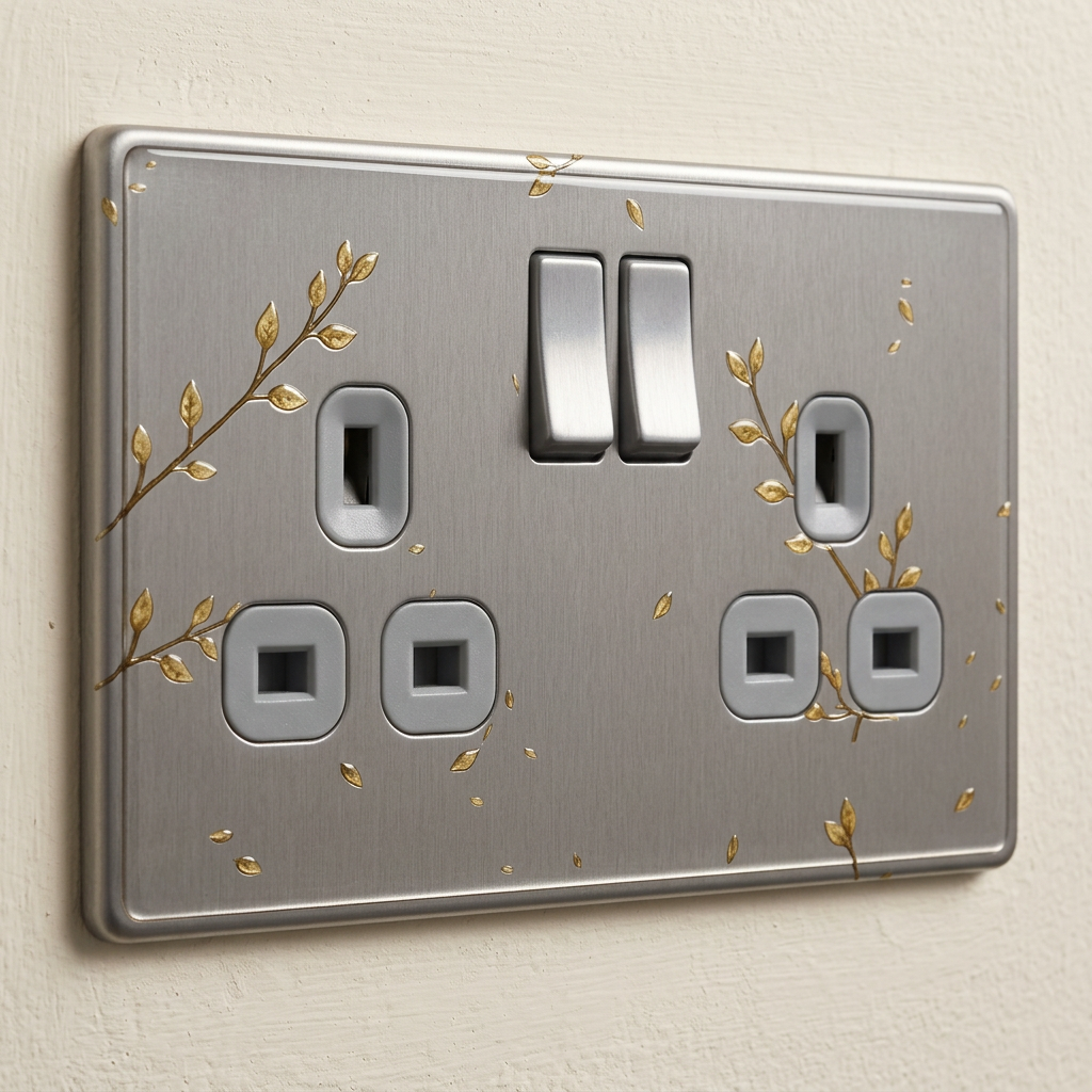 Delicate gold botanical sprigs on brushed steel UK double socket plate