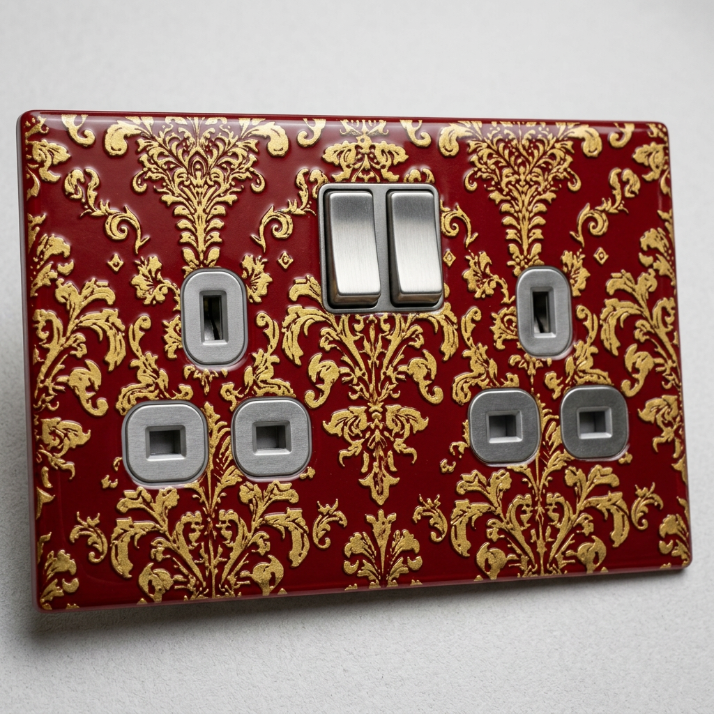 Red and gold damask patterned UK double socket and switch plate