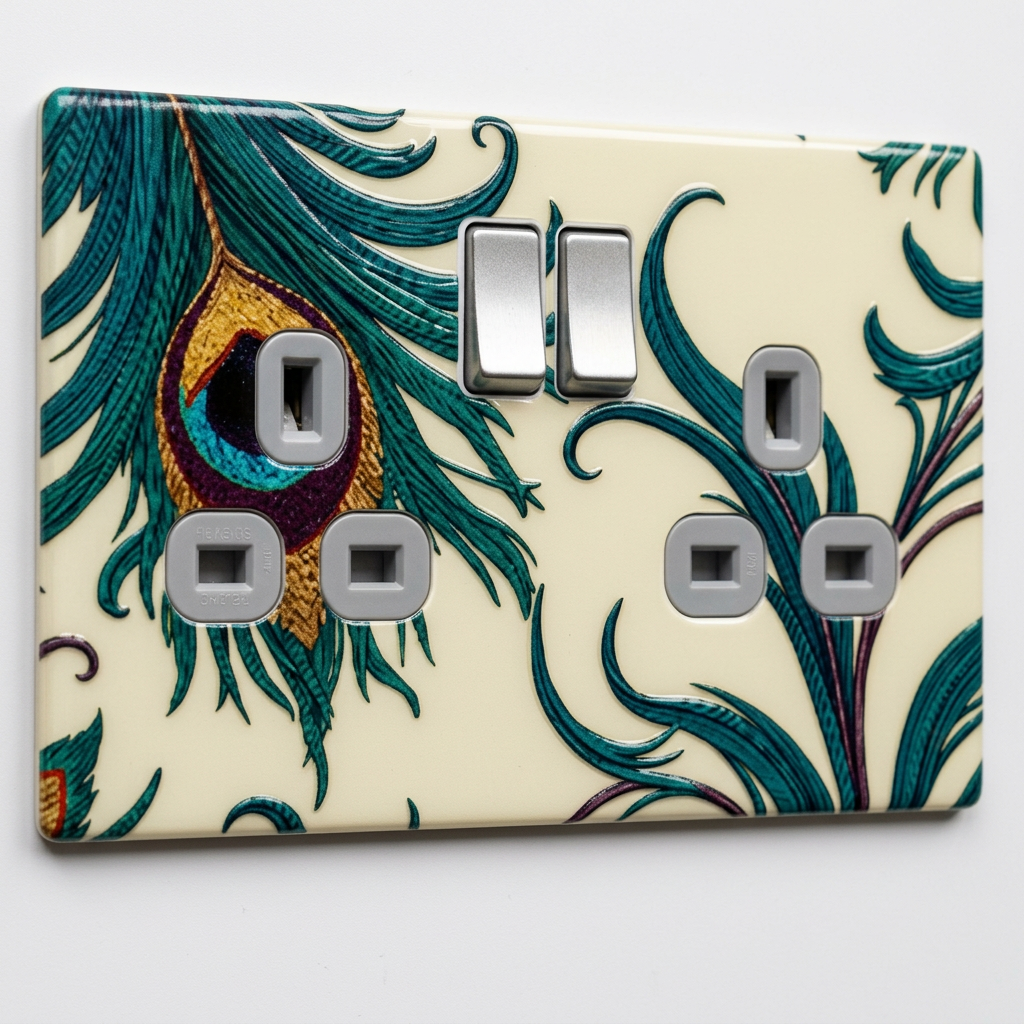 Peacock feather and teal foliage cream ceramic UK socket plate