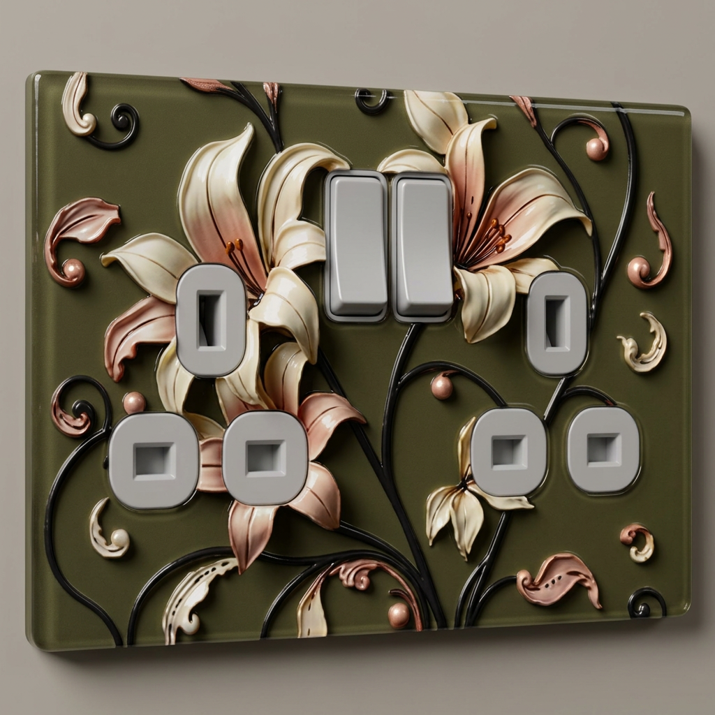 Sculpted lily relief olive green UK socket and switch plate