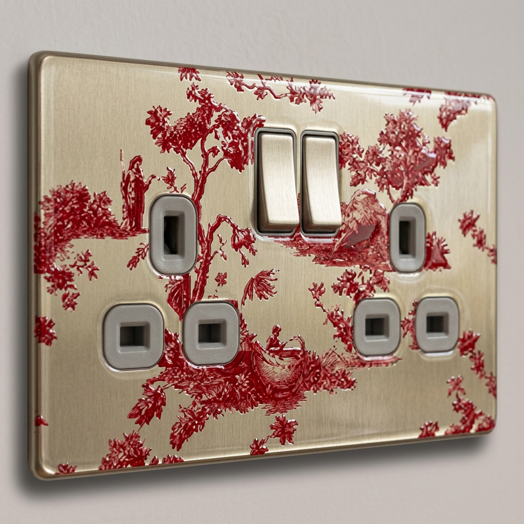 Red toile de Jouy on brushed brass UK double socket plate