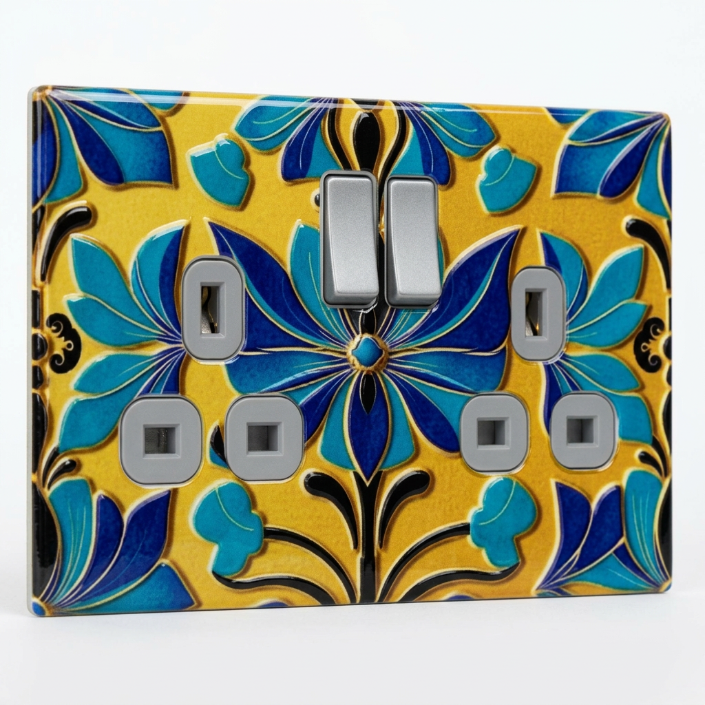 Blue and yellow Mediterranean floral ceramic UK double socket plate
