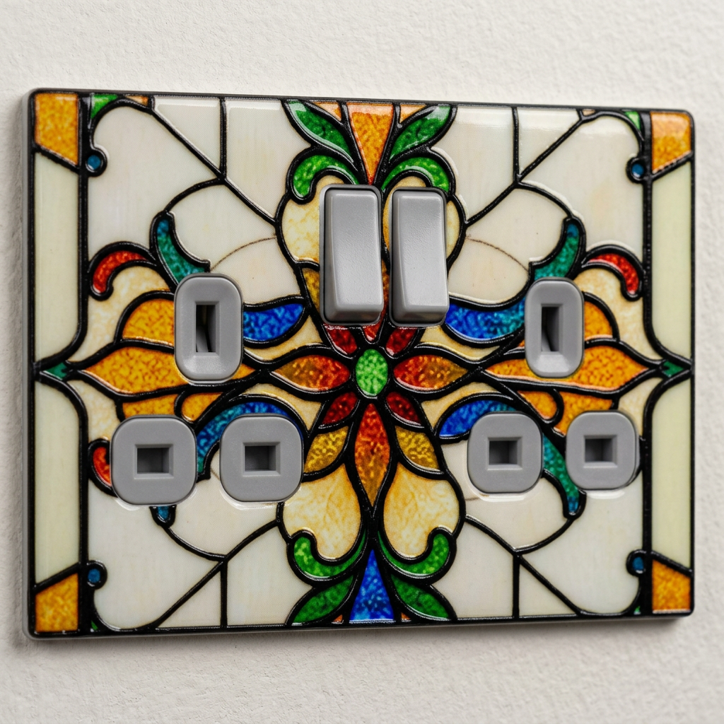 Stained glass effect floral UK double socket and switch plate