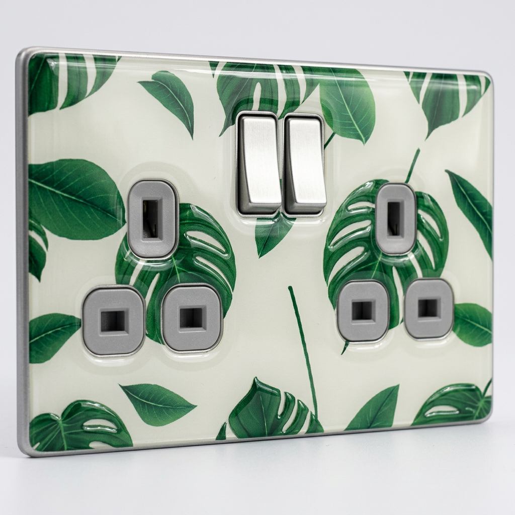 Tropical monstera leaf print UK double socket plate