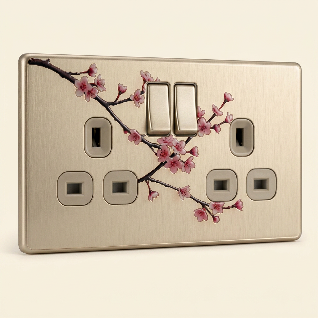 Cherry blossom branch on brushed champagne UK double socket plate