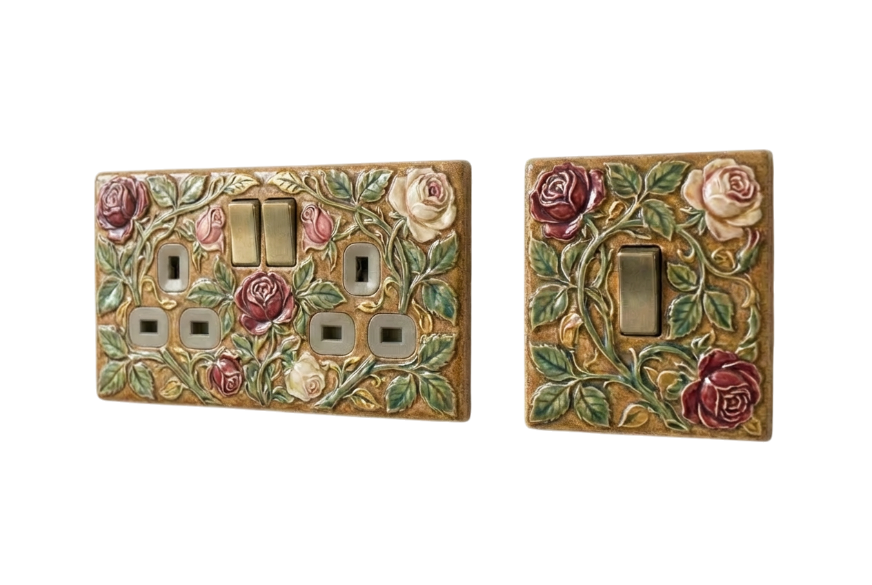 Hand-painted rose ceramic UK socket and switch plates