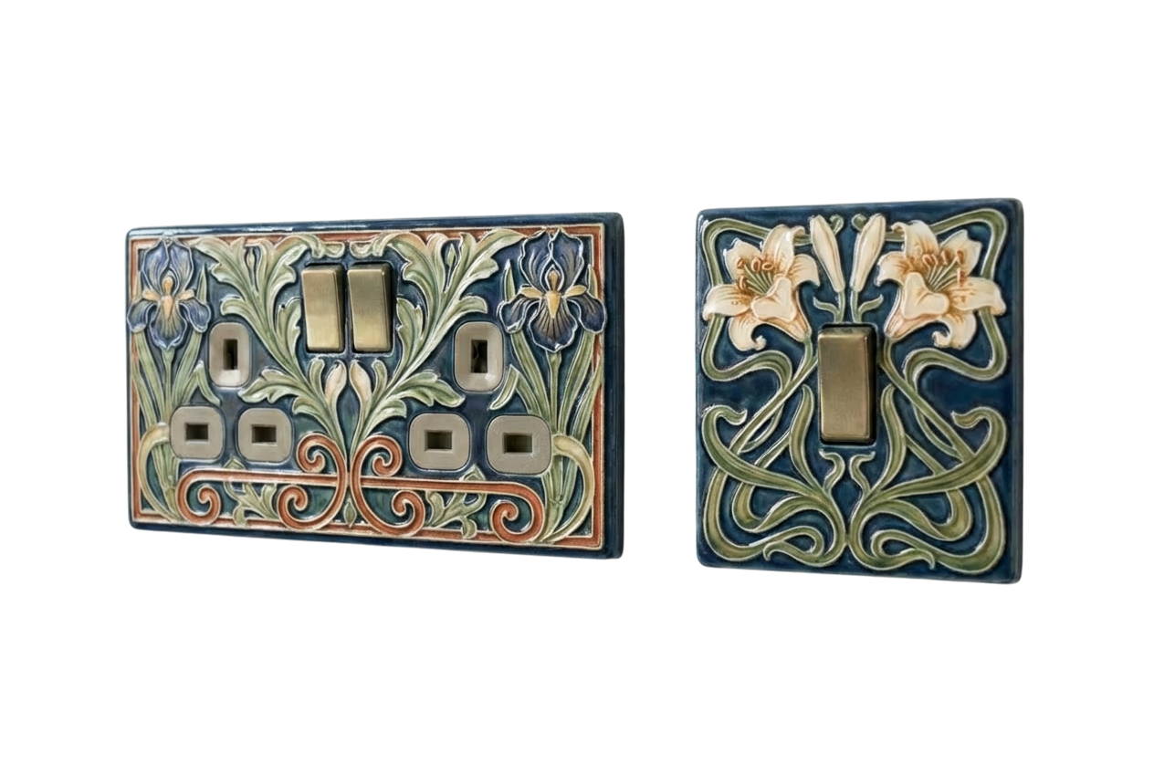 Art Nouveau iris and lily ceramic UK socket and switch plates