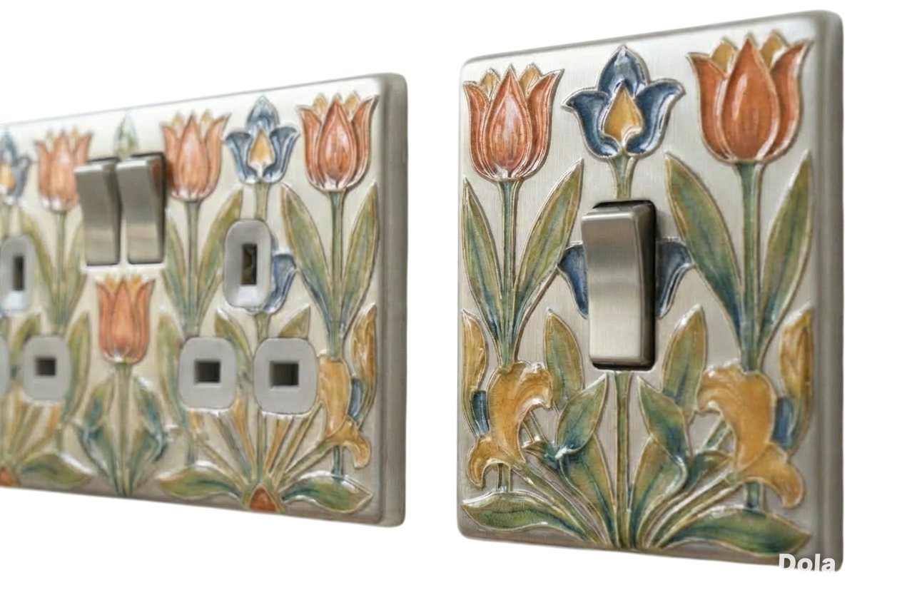 Tulip patterned brushed steel UK socket and switch plates