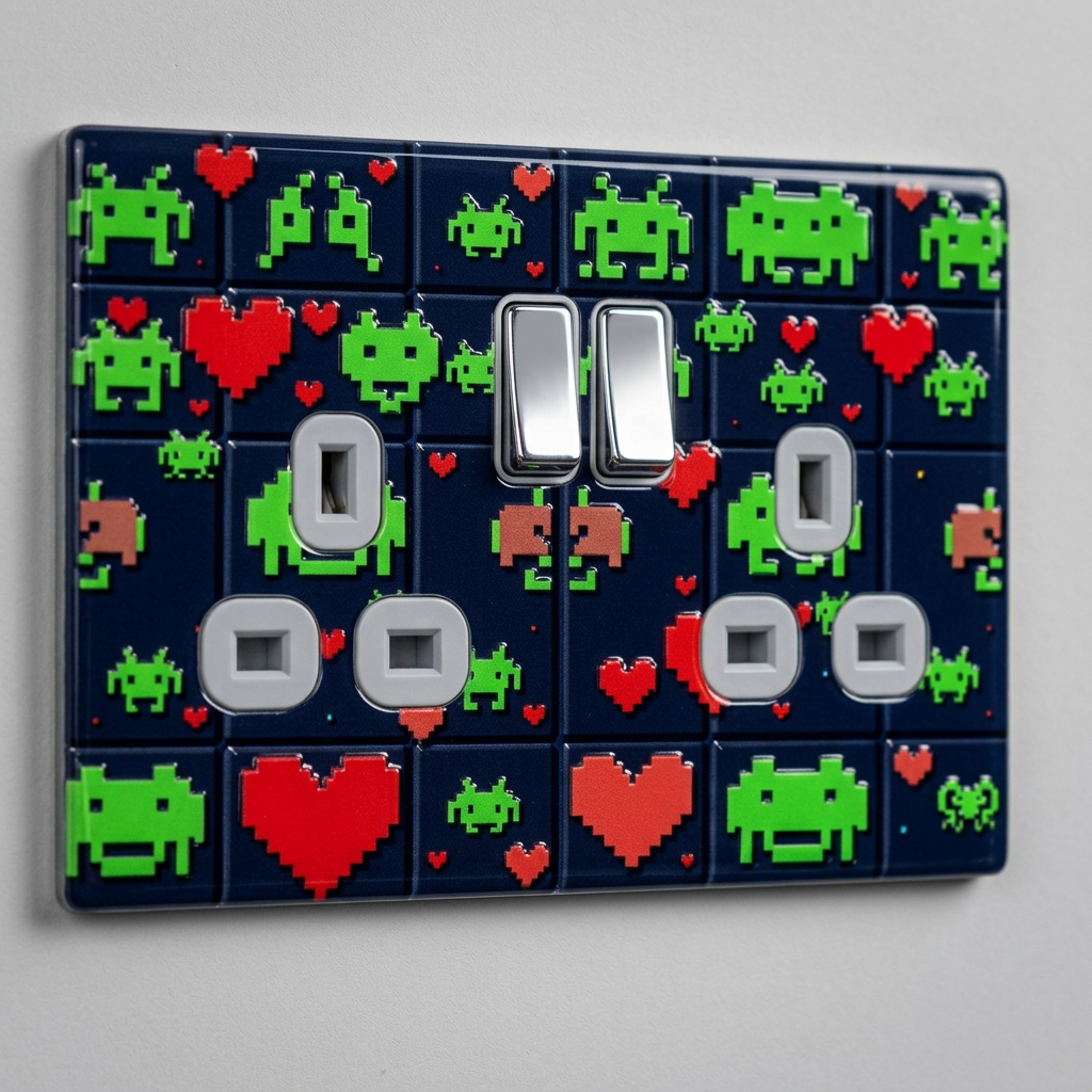 Retro arcade alien and heart pixel art UK double socket plate