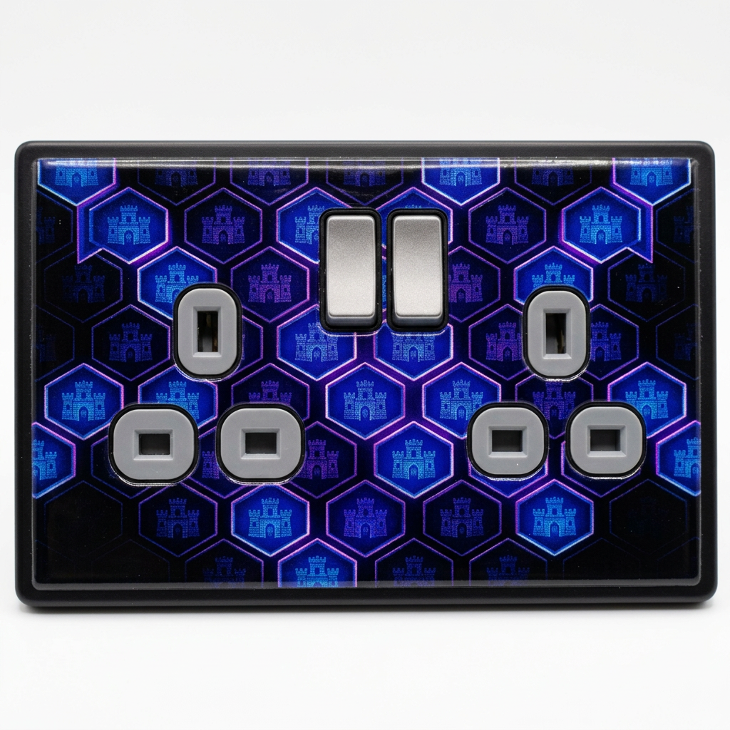 Hexagon game crest pattern UK double socket plate