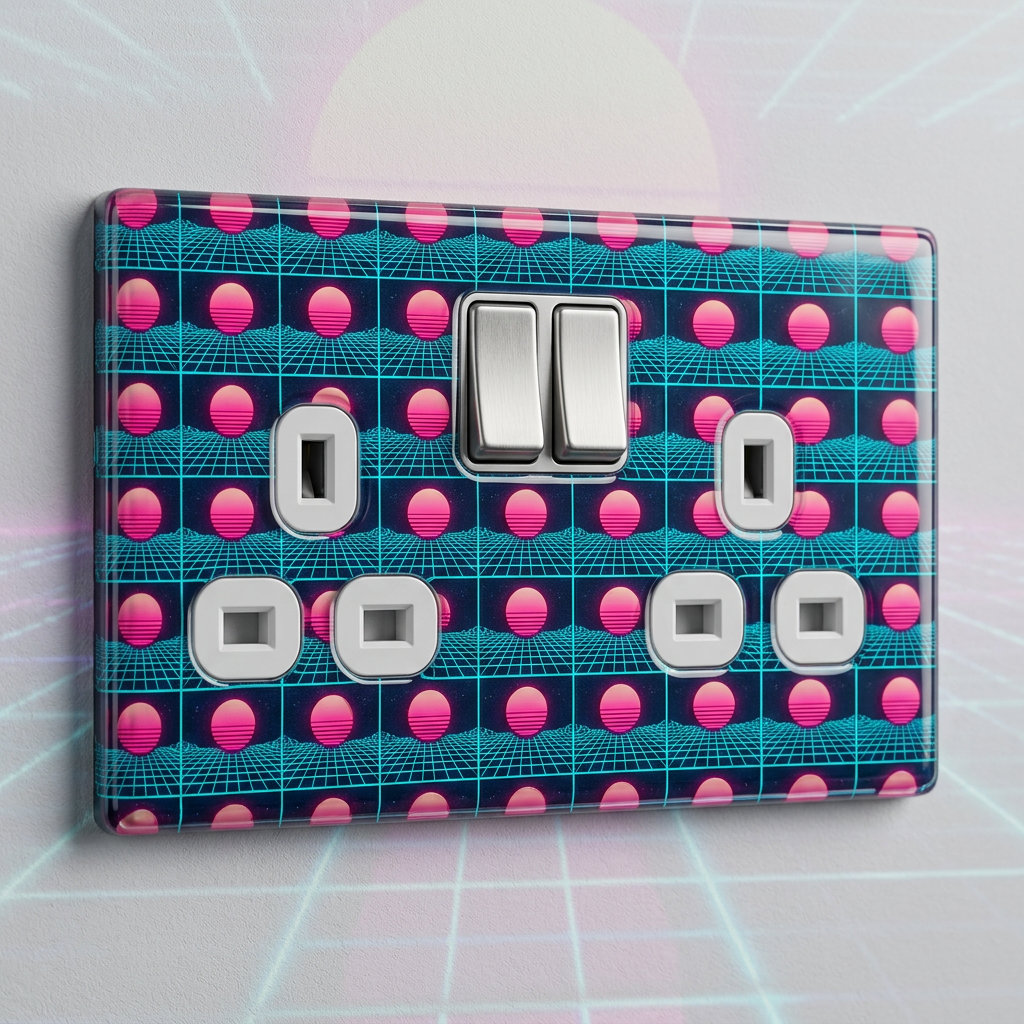 Synthwave grid and sunset pattern UK double socket plate