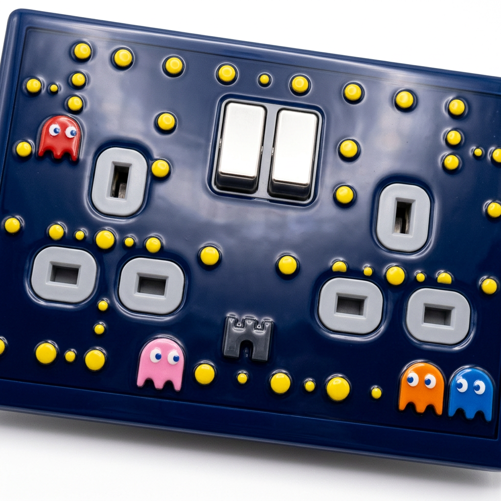 Pac-Man inspired navy UK double socket and switch plate