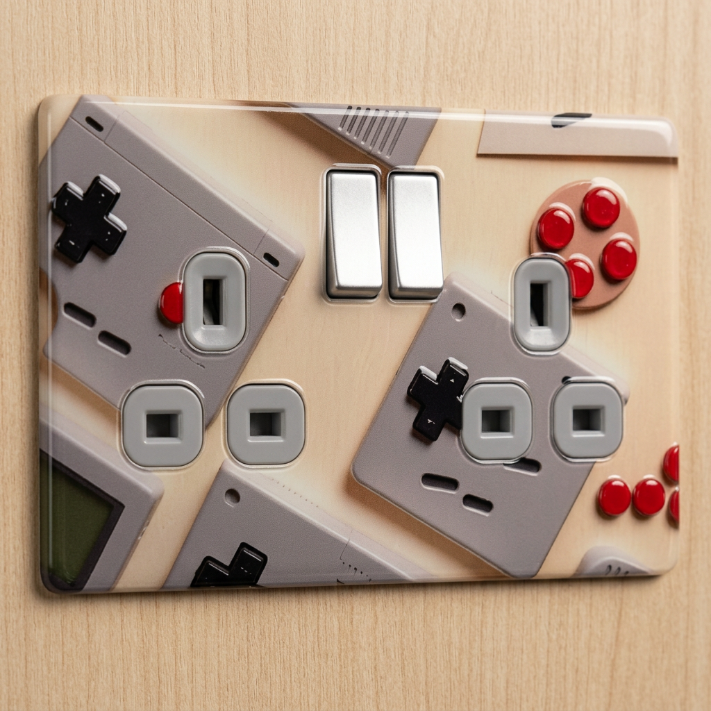 Retro handheld console collage UK double socket plate