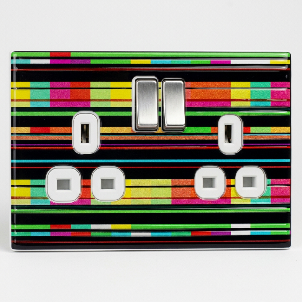 Bright glitch stripe pattern UK double socket plate