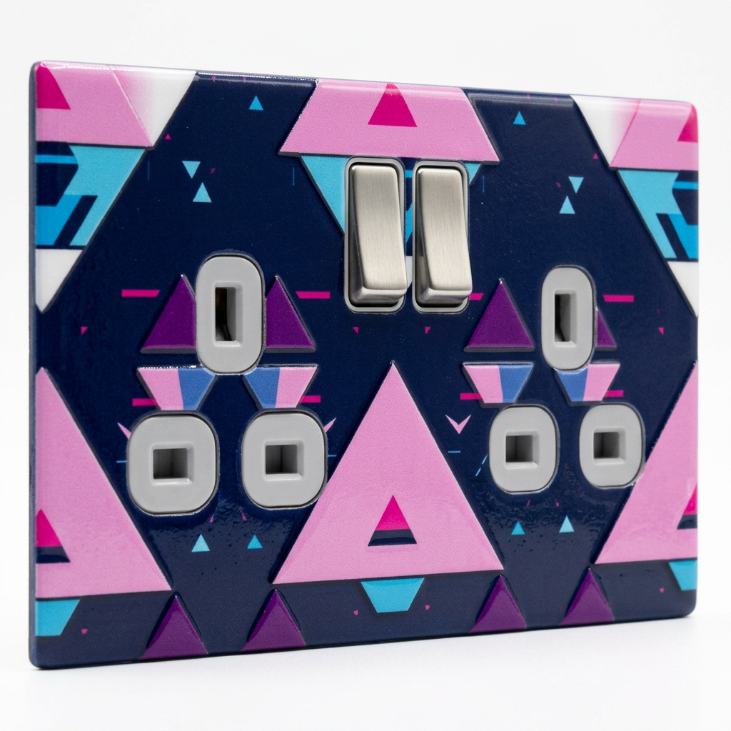 Neon geometric 80s inspired UK double socket plate