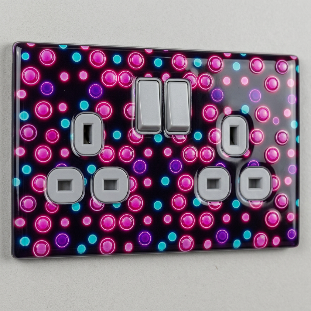 Pink and cyan neon dot pattern UK double socket plate