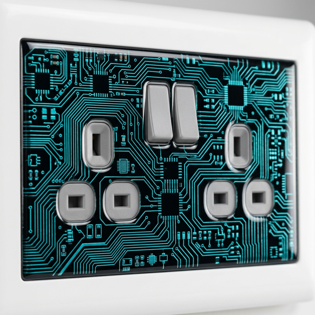 Blue circuit board pattern UK double socket plate
