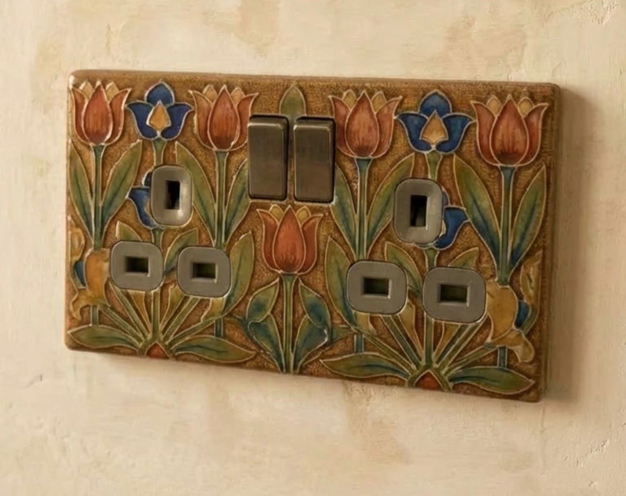Hand-painted tulip ceramic UK double socket plate