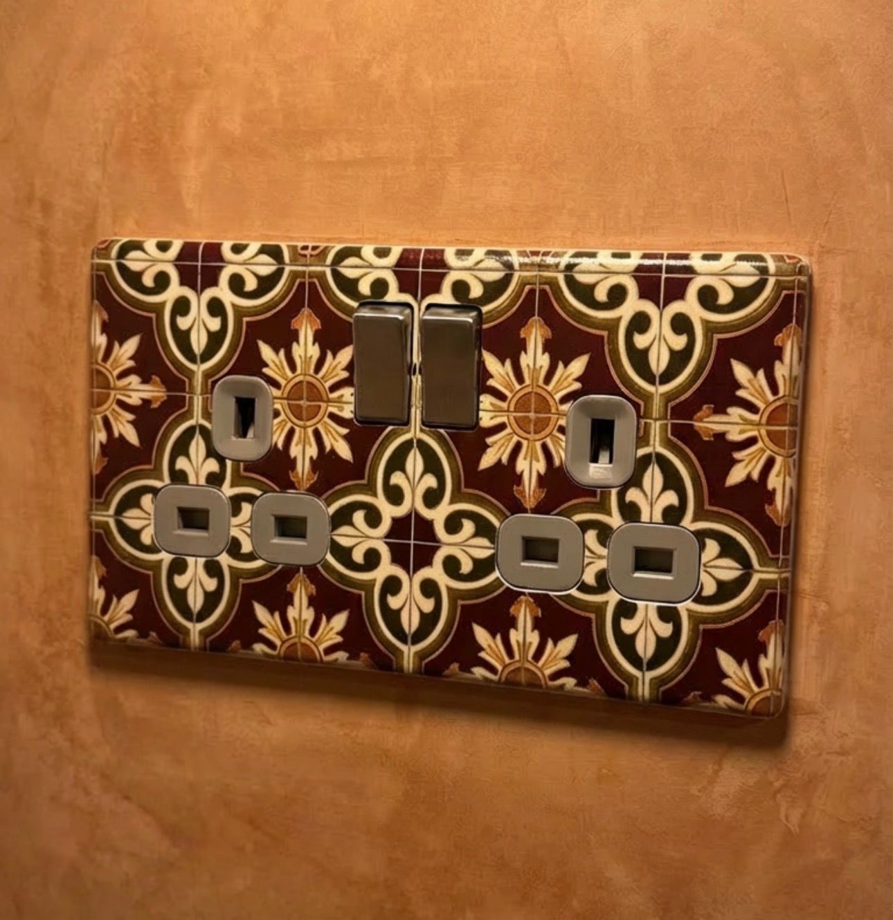 Moroccan tile patterned UK double socket plate