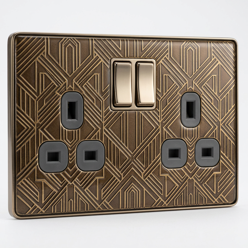 Bronze and gold art deco geometric UK double socket and switch plate