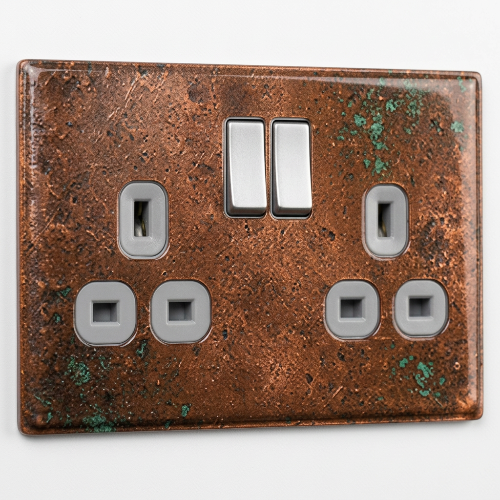 Aged copper with verdigris patina UK double socket and switch plate