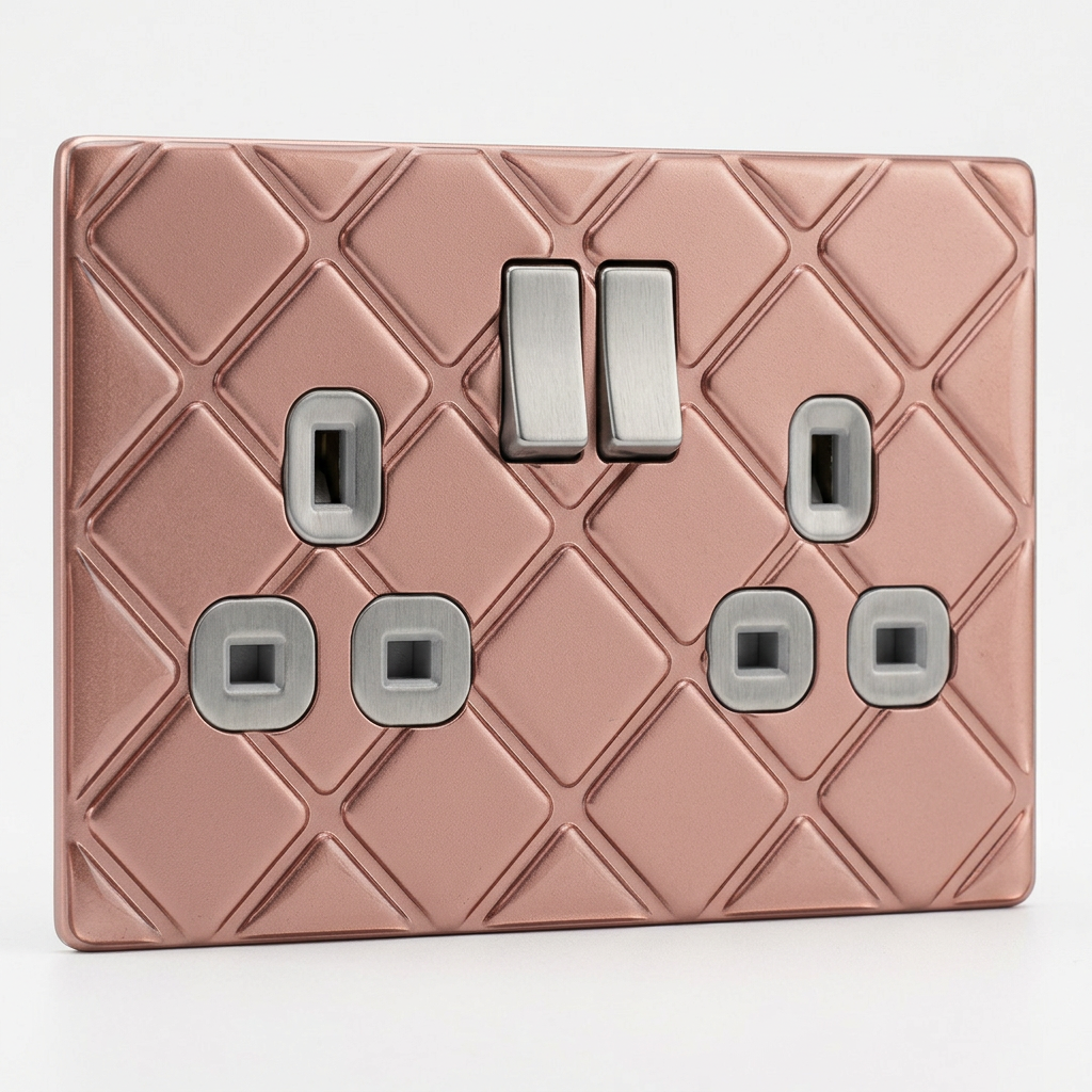 Rose gold quilted diamond pattern UK double socket and switch plate