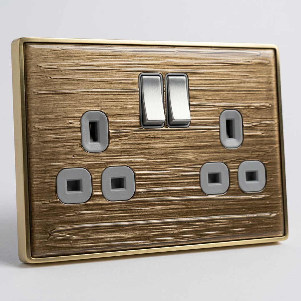Polished walnut wood grain with brass trim UK double socket and switch plate