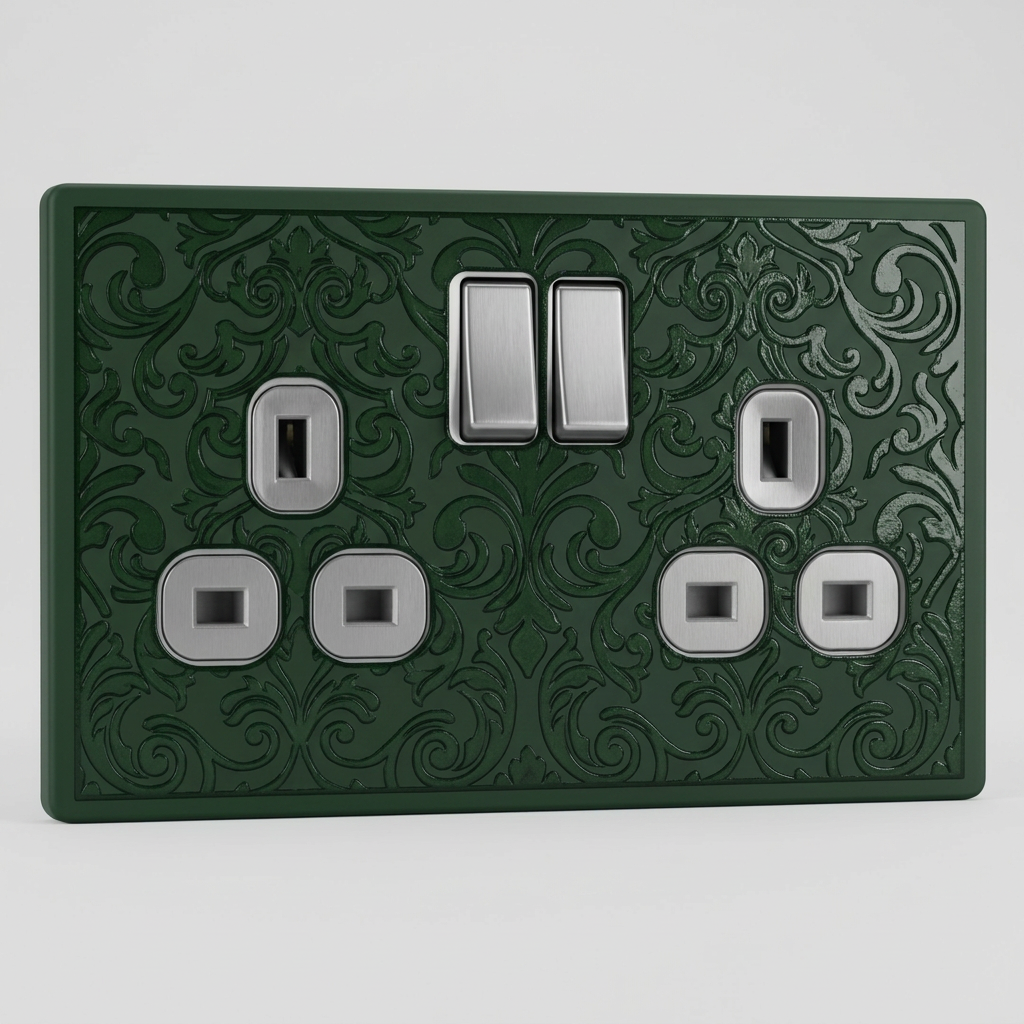 Deep green baroque damask relief UK double socket and switch plate