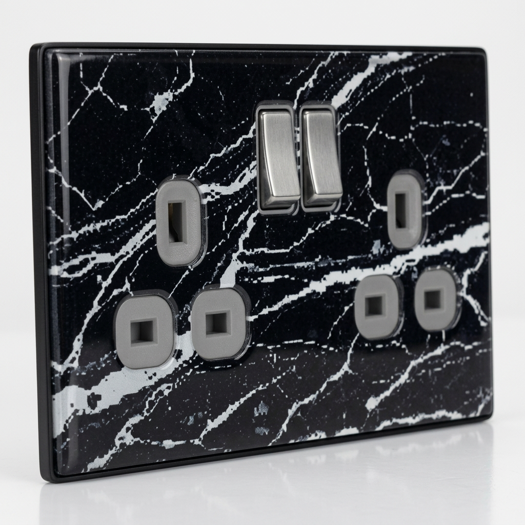 Black marble with white veining UK double socket and switch plate