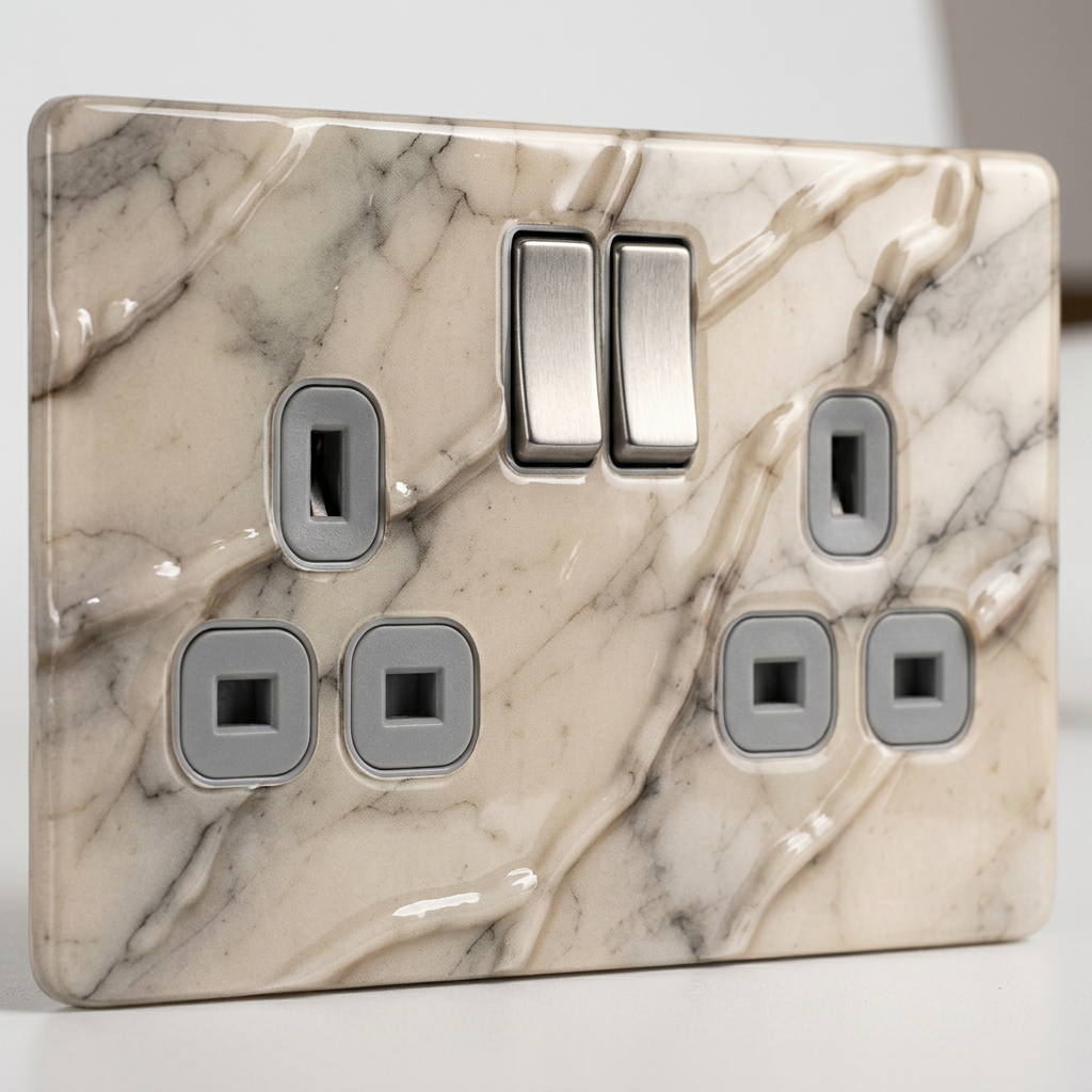 Calacatta cream marble with grey veining UK double socket and switch plate