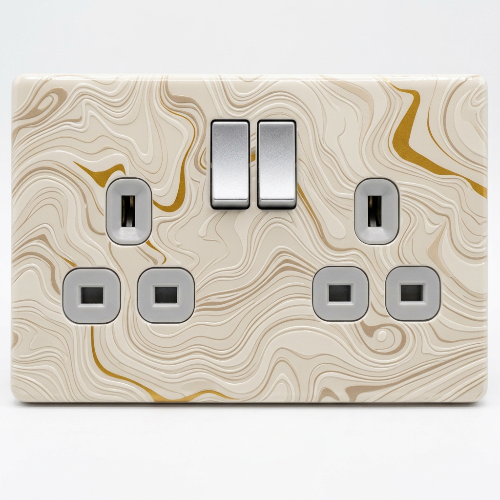 Cream and gold marbled swirl UK double socket and switch plate