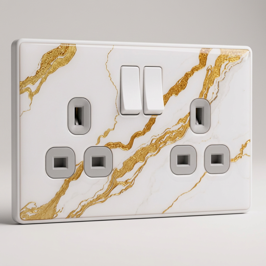 White marble with gold veining UK double socket and switch plate