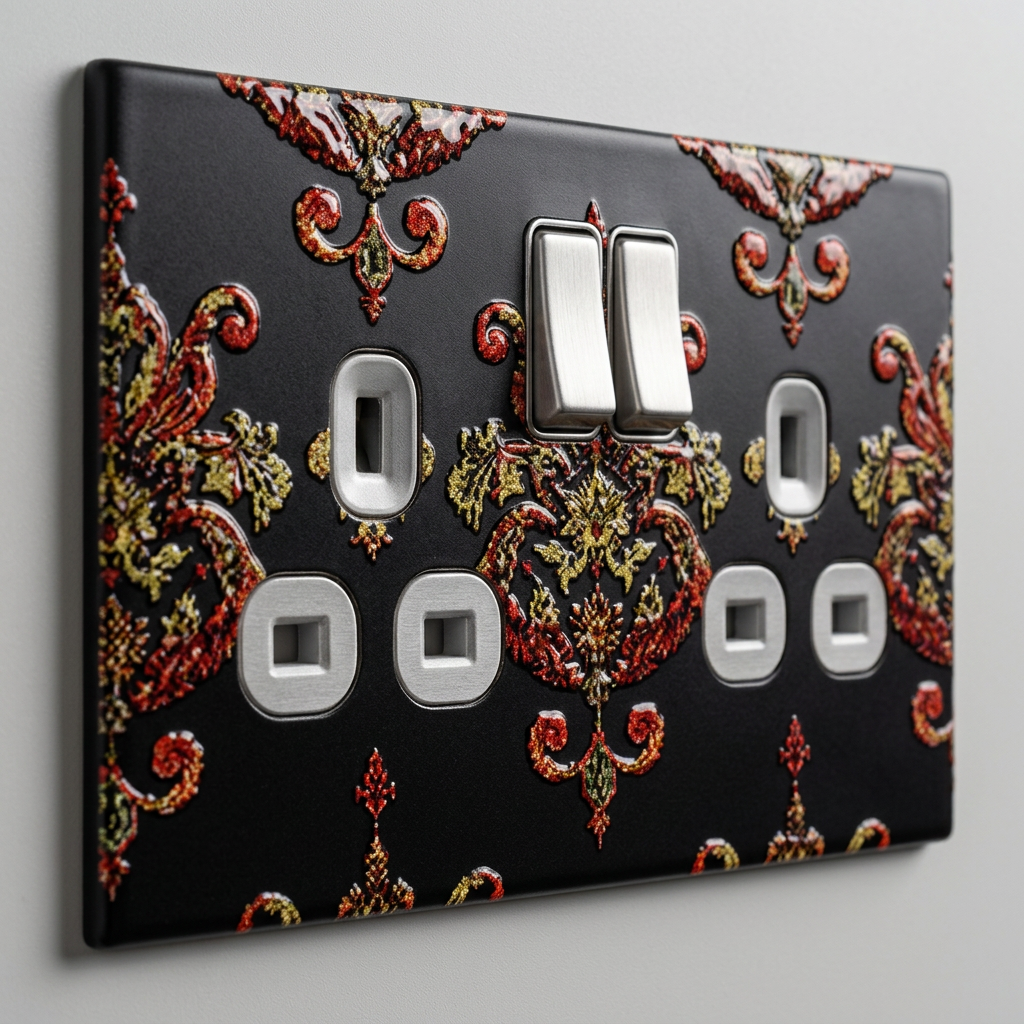 Black with red and gold baroque damask UK double socket and switch plate