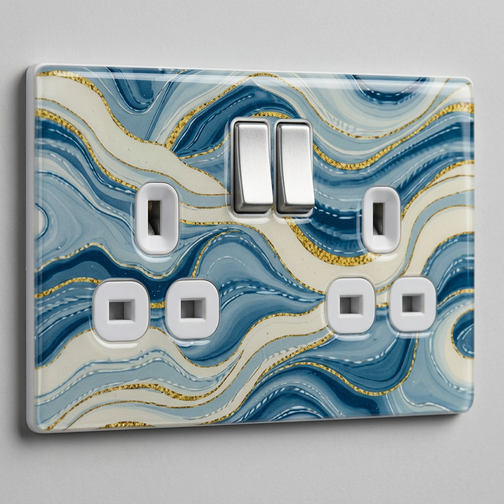 Blue and cream marble swirl with gold veining UK double socket and switch plate