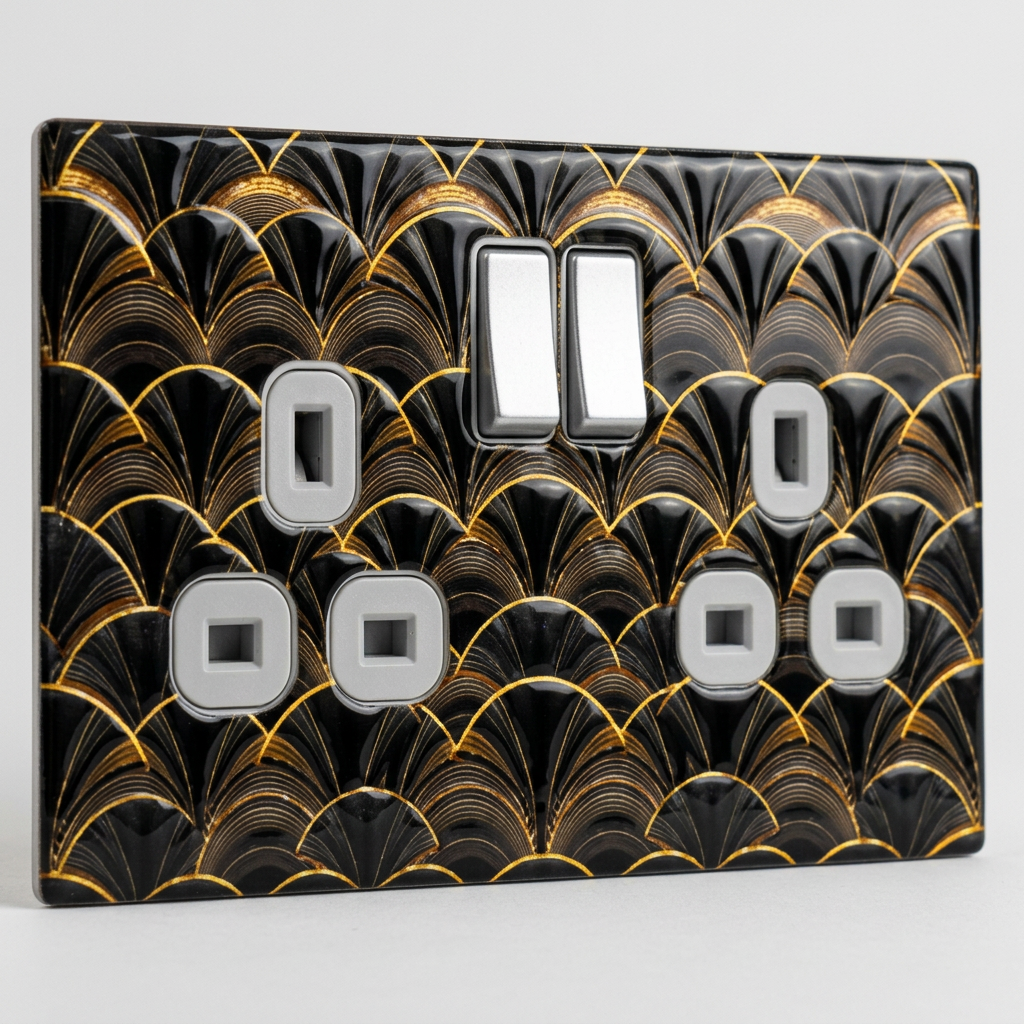 Art deco black and gold fan pattern UK double socket and switch plate