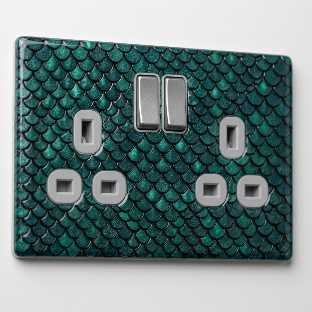 Emerald green mermaid scale UK double socket and switch plate