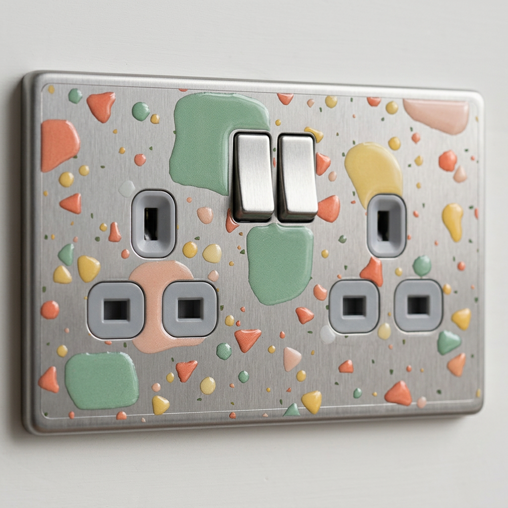 Pastel terrazzo on brushed steel UK double socket and switch plate