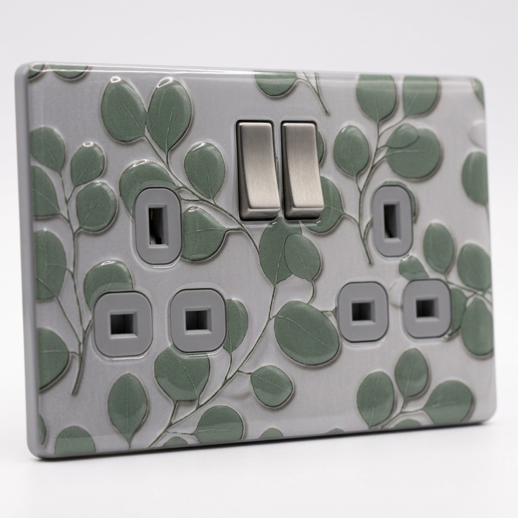 Sculpted sage eucalyptus leaves UK double socket and switch plate