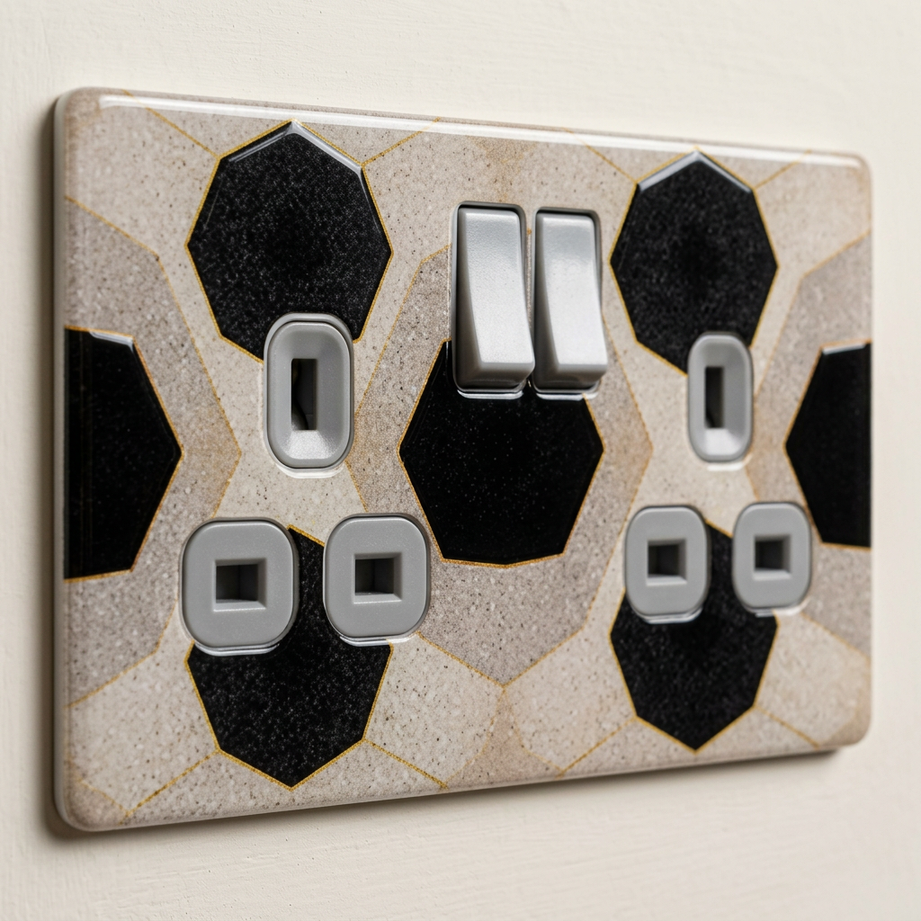 Cream and black hexagon mosaic UK double socket and switch plate
