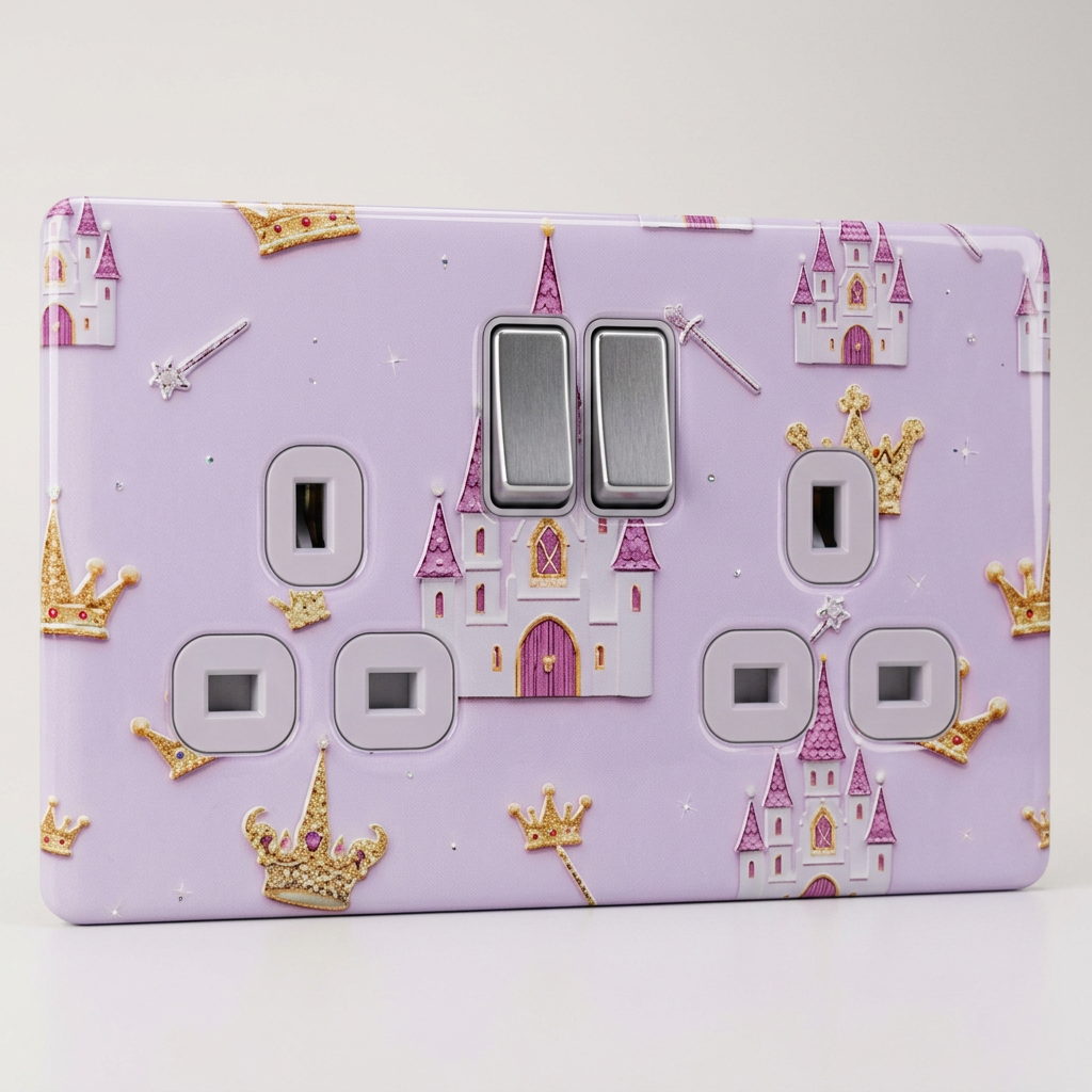 Pink princess castle and crowns UK double socket and switch plate