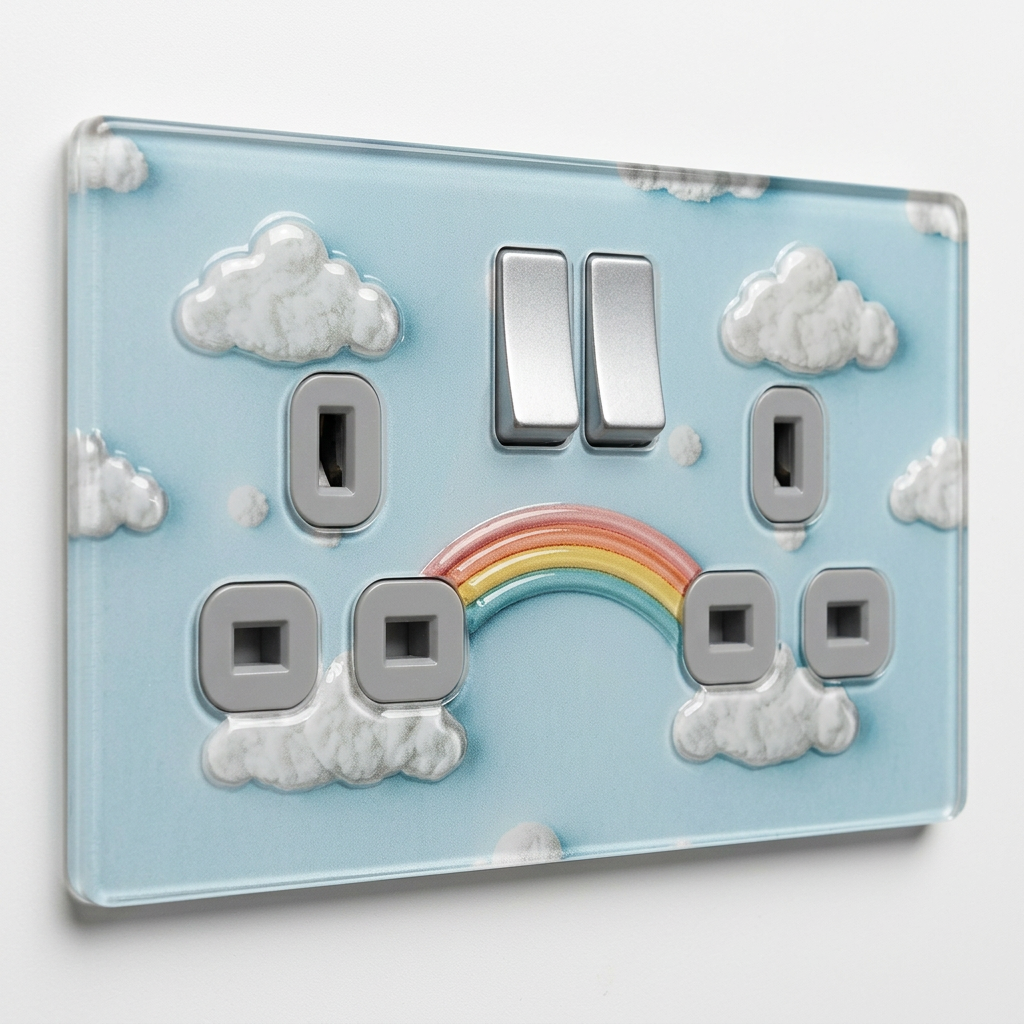 Pastel clouds and rainbow UK double socket and switch plate