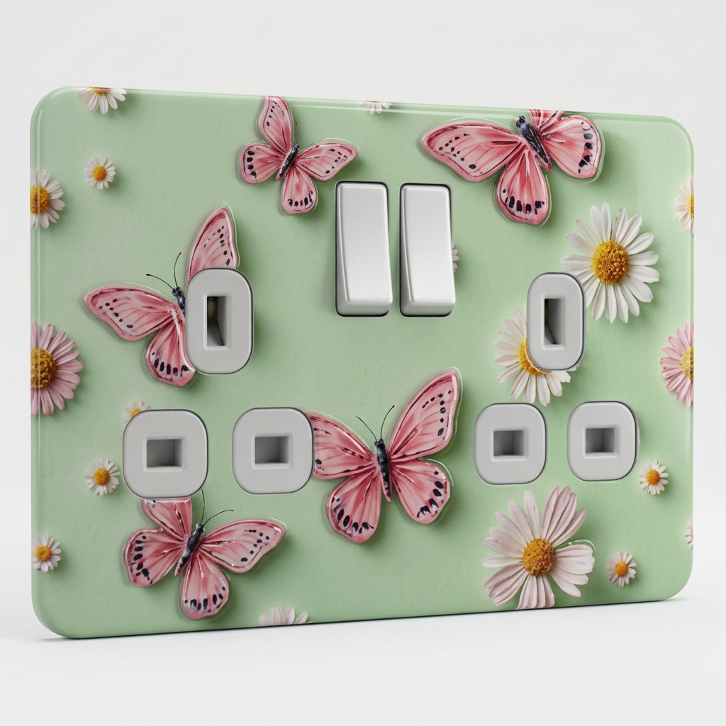 Pink butterflies and daisies on green UK double socket and switch plate