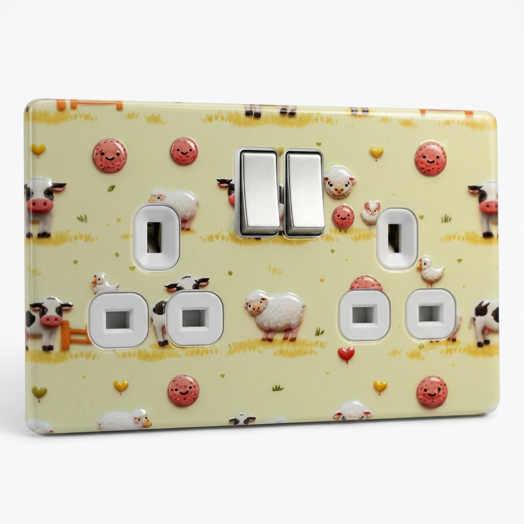 Cute farm animals cows and sheep UK double socket and switch plate