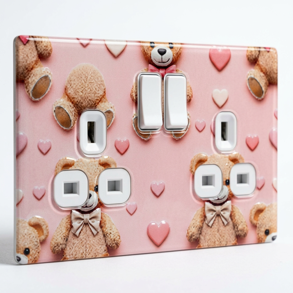 Pink teddy bears and hearts UK double socket and switch plate