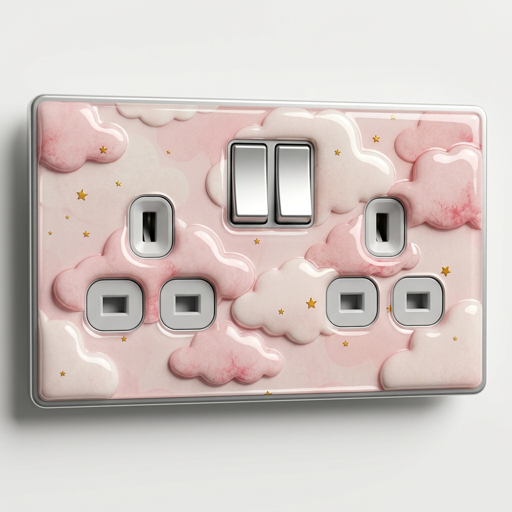 Pink clouds and gold stars UK double socket and switch plate