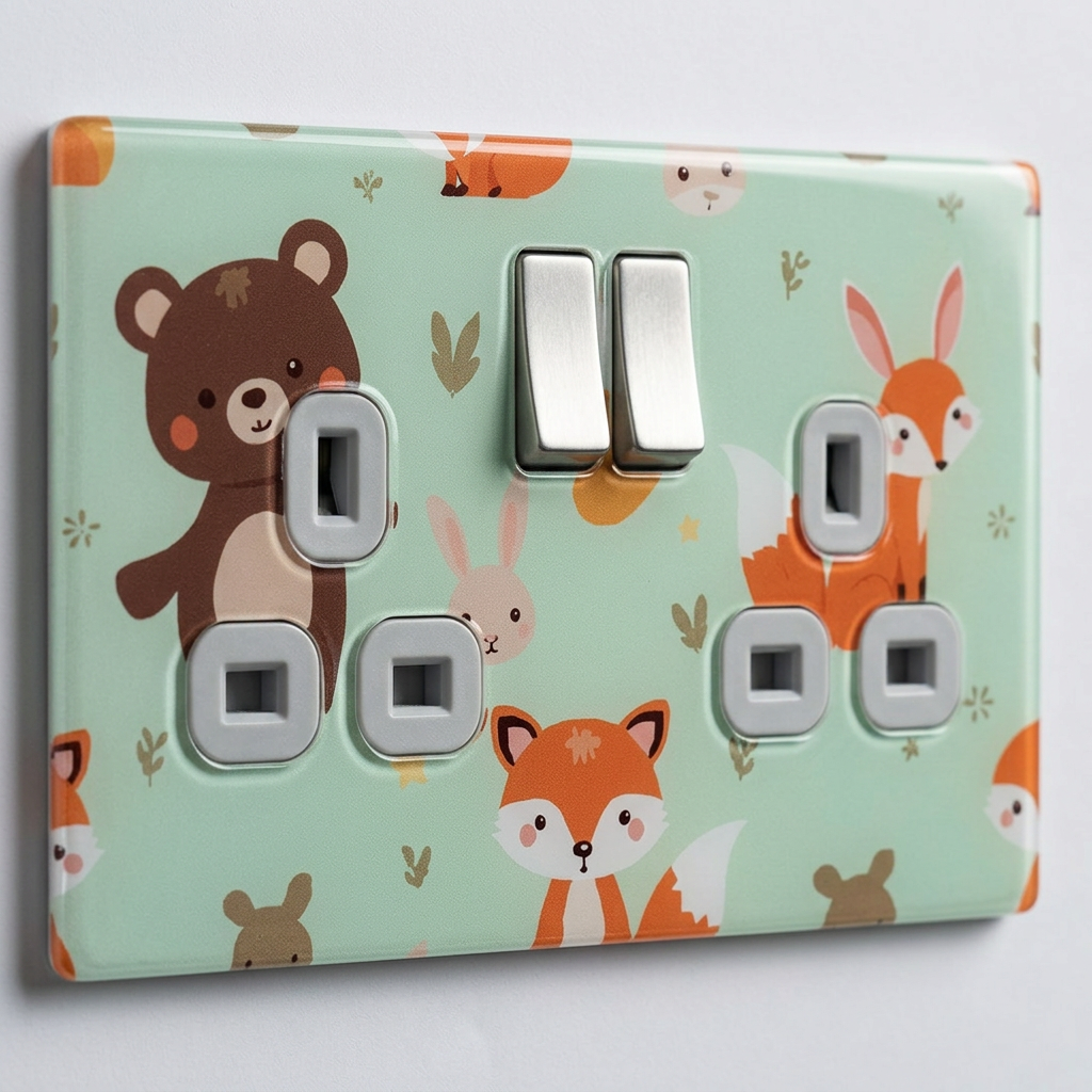 Woodland animals bear fox and rabbit UK double socket and switch plate