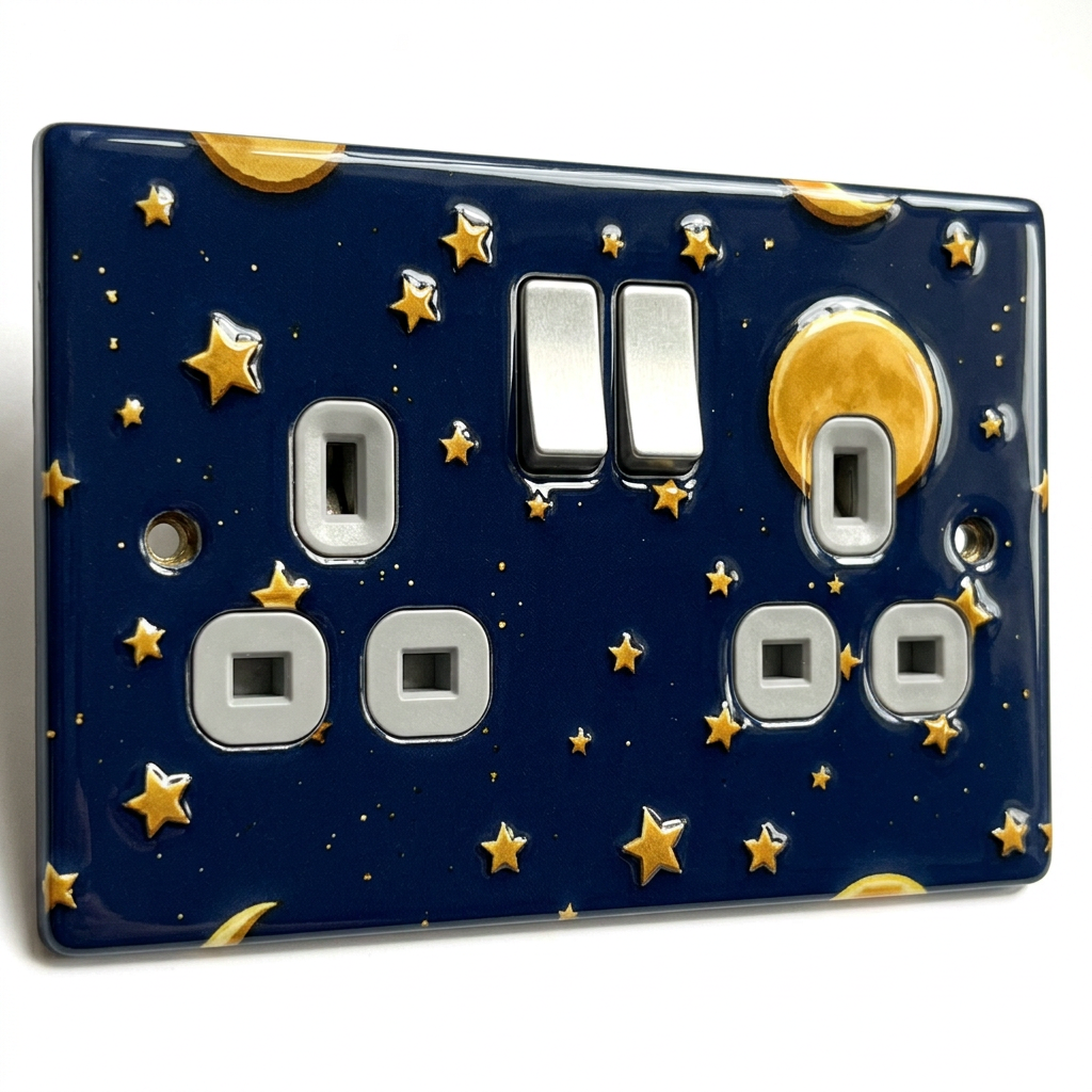 Navy moon and stars night sky UK double socket and switch plate